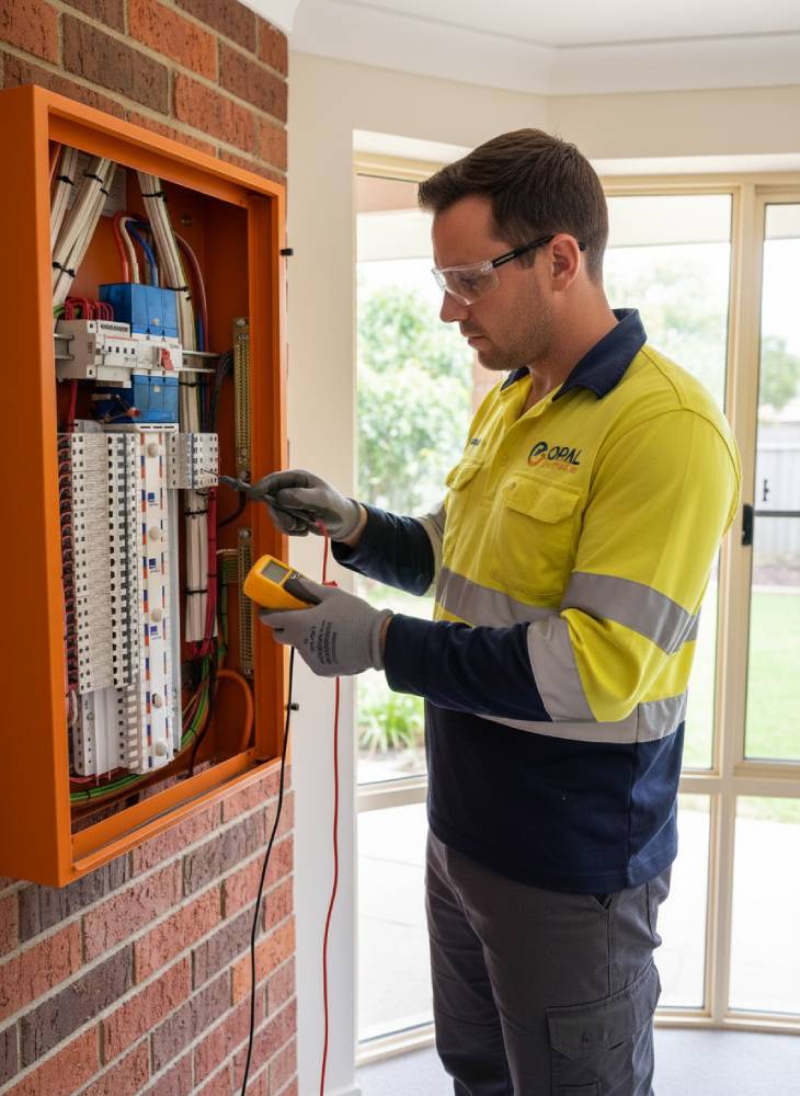 An OPAL ELECTRICAL electrician, wearing safety glasses and a yellow and navy blue high-visibility work shirt