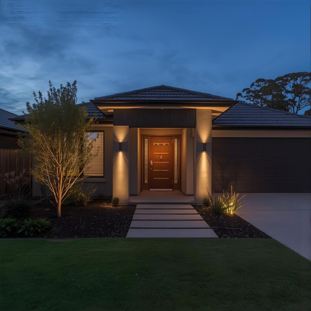 A modern, single-story house entrance features a recessed porch with two pillars flanking a dark wood front door with a narrow vertical window.