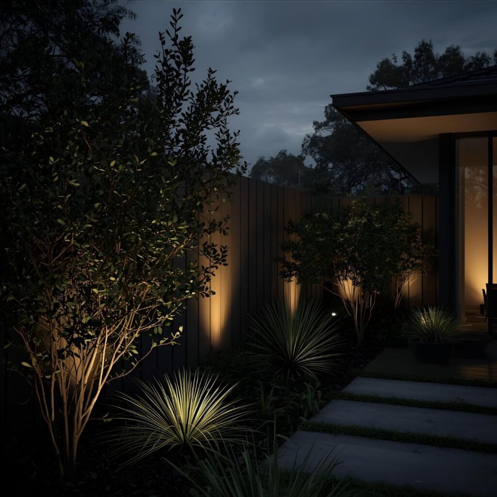 A contemporary garden and patio area, dramatically illuminated by landscape lighting.