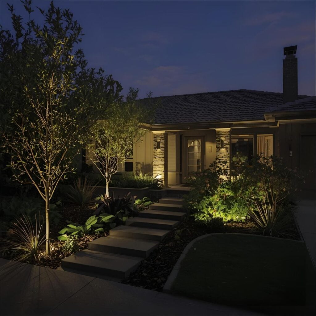A house entrance, showcasing effective landscape lighting.