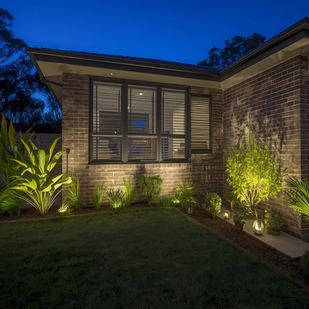 a house exterior and garden with a landscape spotlights casting a warm, yellow glow on the foliage and the brick wall.