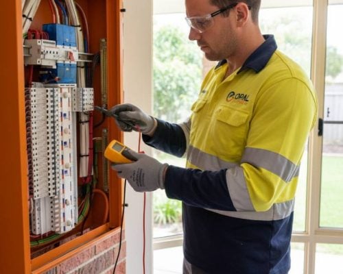 An OPAL ELECTRICAL electrician, wearing safety glasses and a yellow and navy blue high-visibility work shirt